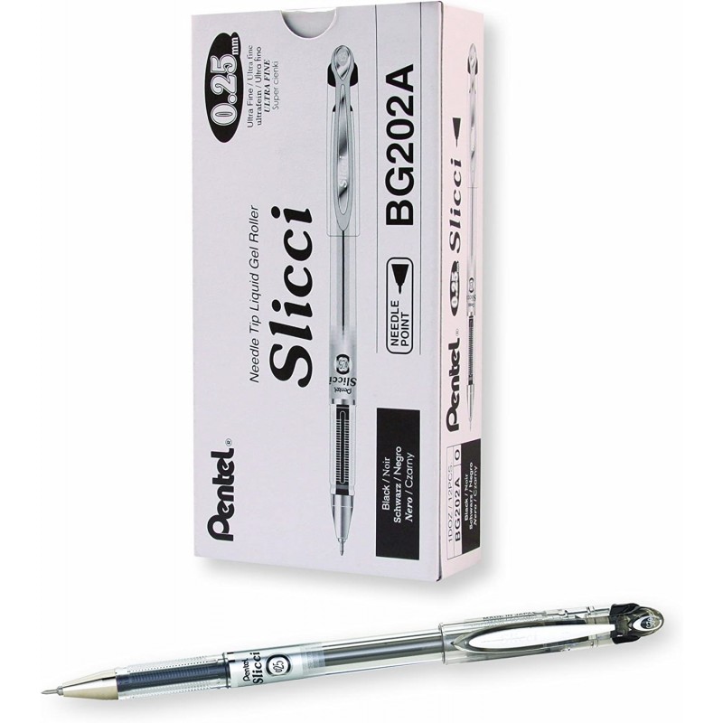 Pentel Arts Slicci 0.25mm 엑스트라 파인 젤 펜, 검정 잉크, 12개 상자(BG202-A)