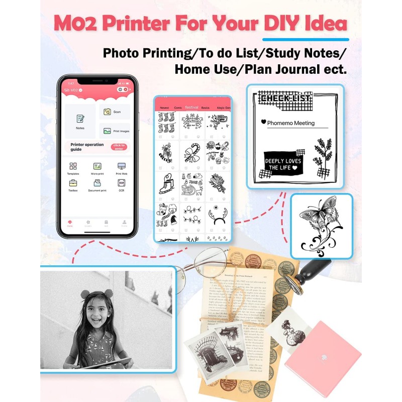 Phomemo M02 포켓 프린터 열전사 포토 프린터 Android 및 ios 시스템과 호환되는 미니 블루투스 프린터