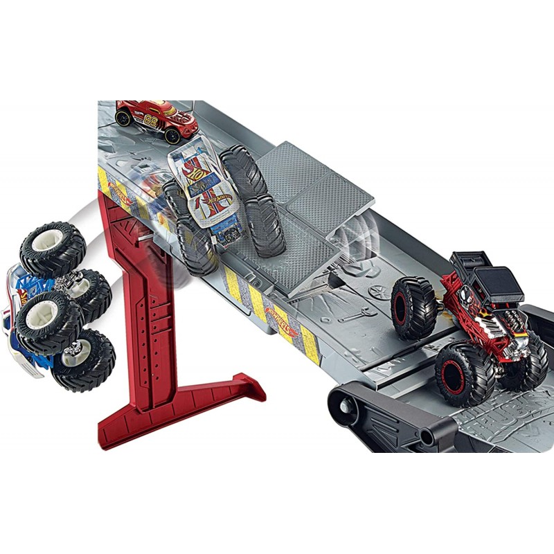 핫휠 Hot Wheels 몬스터 트럭, 트레스포터와 레이스 트랙, 1:64 스케일 본 셰이커 몬스터 트럭 및 1:64 다이캐스트 장난감 자동차 포함