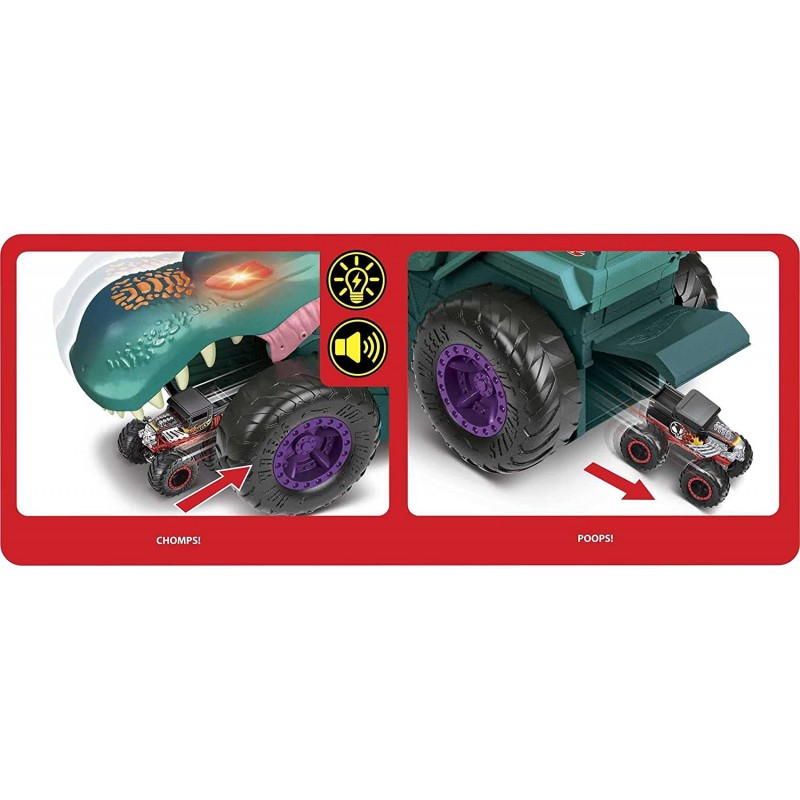 핫 휠즈 Hot Wheels- Monster Trucks Car Chompin' MEGA-Wrex, 대형 장난감 몬스터 트럭 및 1:64 스케일 장난감 자동차, ''Eats'' 및 ''Poops'' 1:64 스케일 차량