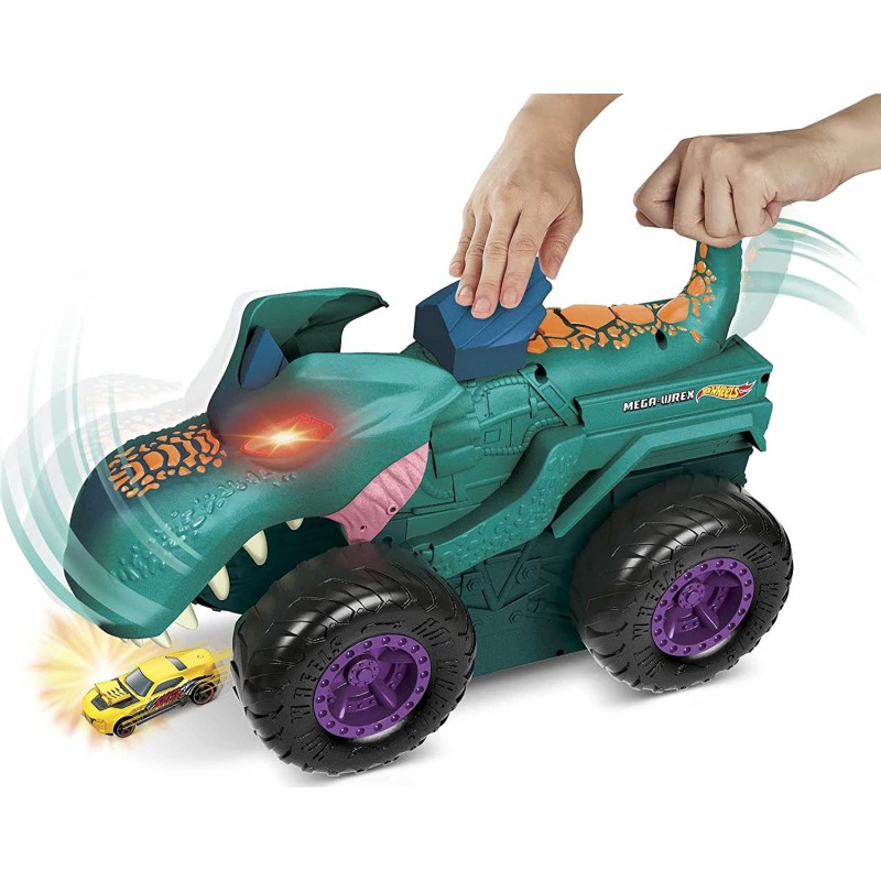 핫 휠즈 Hot Wheels- Monster Trucks Car Chompin' MEGA-Wrex, 대형 장난감 몬스터 트럭 및 1:64 스케일 장난감 자동차, ''Eats'' 및 ''Poops'' 1:64 스케일 차량