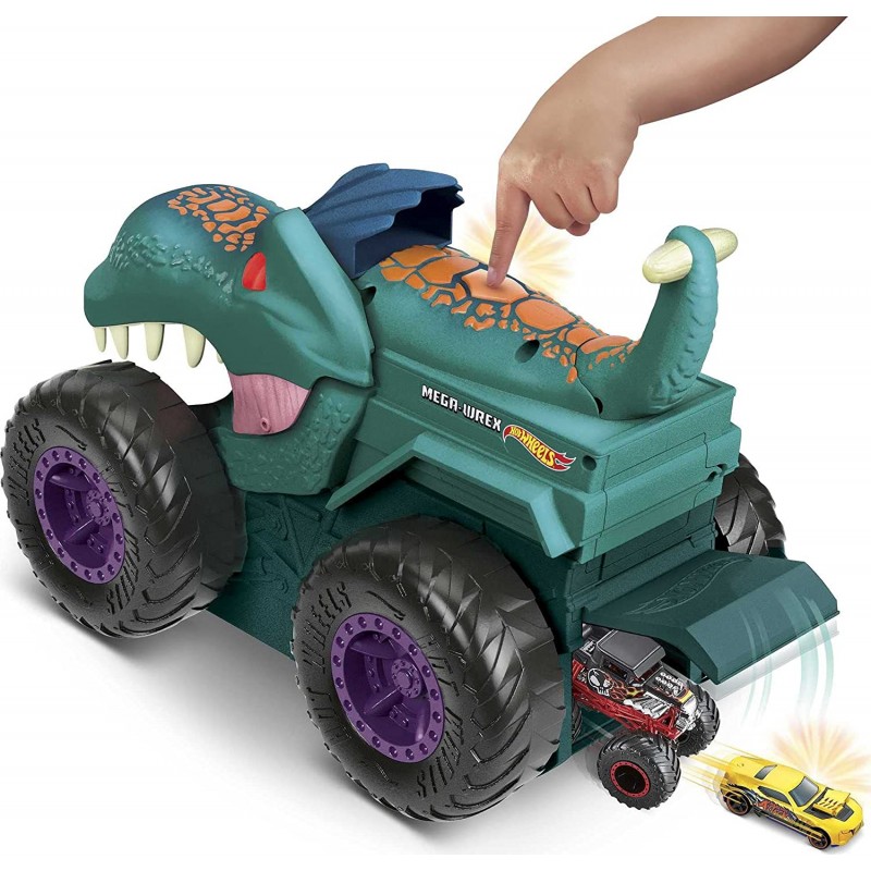 핫 휠즈 Hot Wheels- Monster Trucks Car Chompin' MEGA-Wrex, 대형 장난감 몬스터 트럭 및 1:64 스케일 장난감 자동차, ''Eats'' 및 ''Poops'' 1:64 스케일 차량