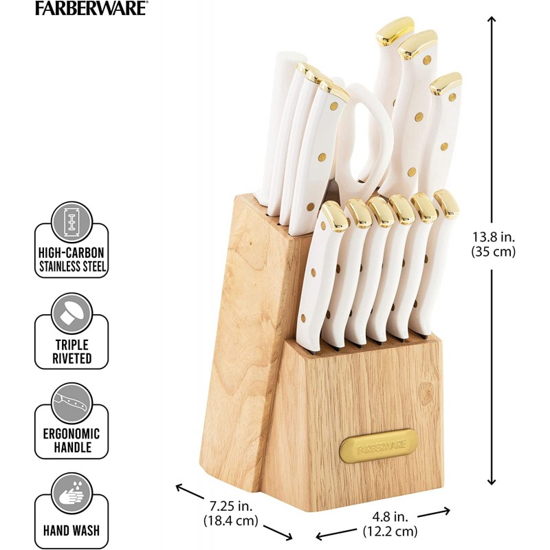 Farberware 파버웨어 15피스 트리플 리벳 나이프 블록 세트, 고탄소 스테인리스 스틸 주방 나이프/ 화이트 & 골드