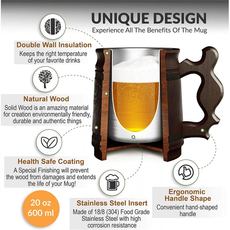 마이팬시크래프트 MyFancyCraft 우드 맥주 머그잔 상자 스테인레스 스틸 컵 남성 기념품 수제 레트로 브라운