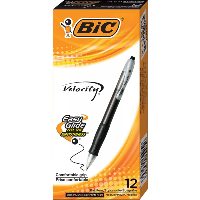 BIC Velocity 개폐식 볼펜, 미디엄 포인트(1.0mm), 블랙, 12개