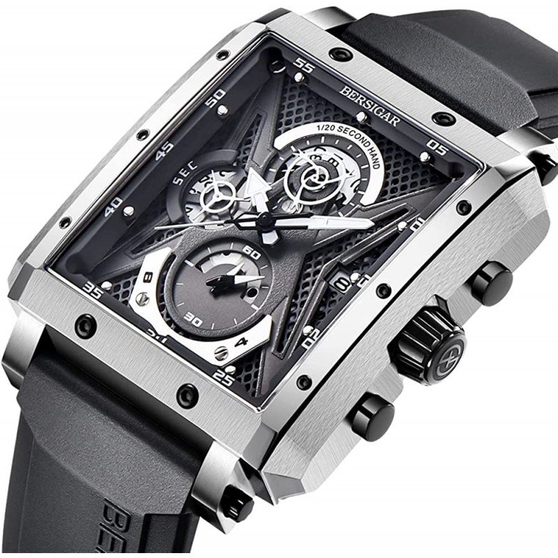 BERSIGAR 세련된 손목 시계 실리콘 스트랩 방수 석영 스포츠 남성용 시계 실버 블랙