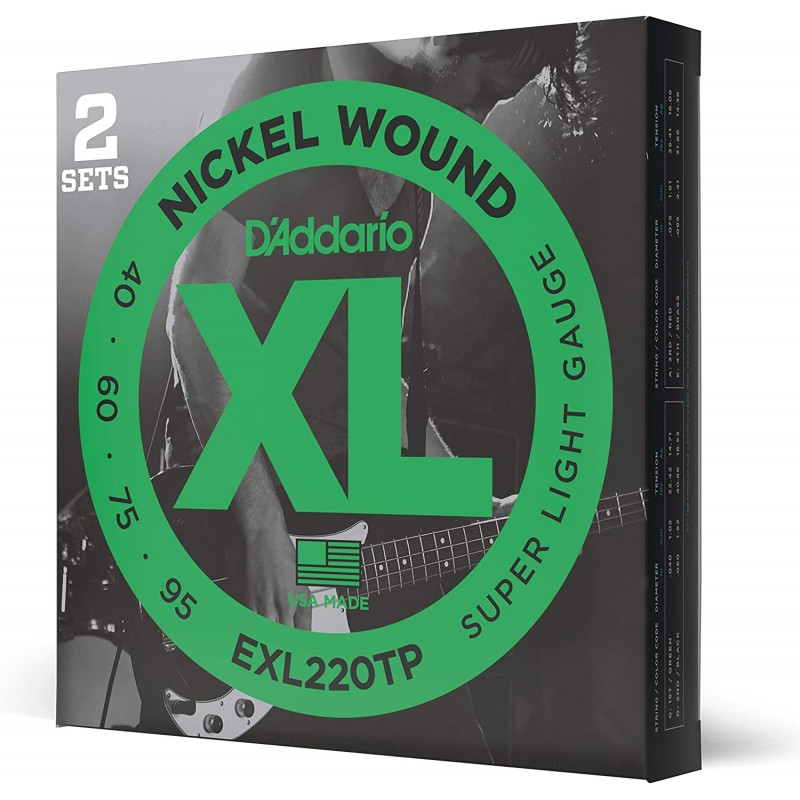D'Addario 베이스 기타 현 - XL 니켈 베이스 현 - EXL220TP - 강력한 내구성 - 4현 베이스 기타용 - 40-95 슈퍼 라이트, 롱 스케일, 2pack