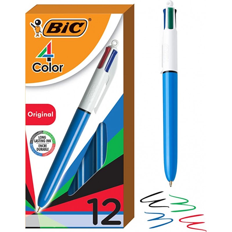 BIC 오리지널 리트랙터블 볼펜 4색 미디엄 포인트(1.0mm) 12개 팩