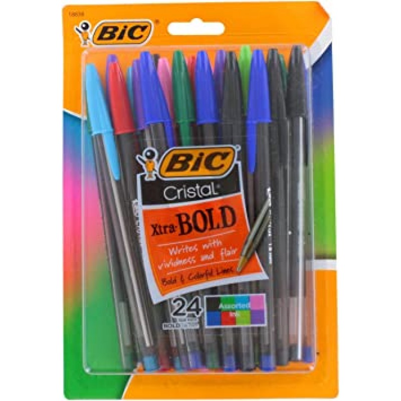 BIC Cristal Xtra Bold 스틱 볼펜, 1.6mm, 볼드 포인트, 다양한 색상, 24개 팩