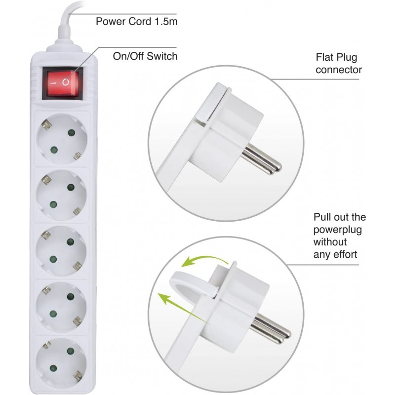 이웬트 EWENT ‎EW3955 소켓 스트립 45 ° 회전, 3680W, 250V 길이 1.5m 화이트