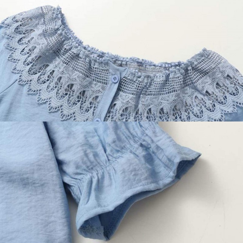 [엔젤문] 레이스 탑스 반소매 블라우스 셔츠 프릴 L 사이즈  블루