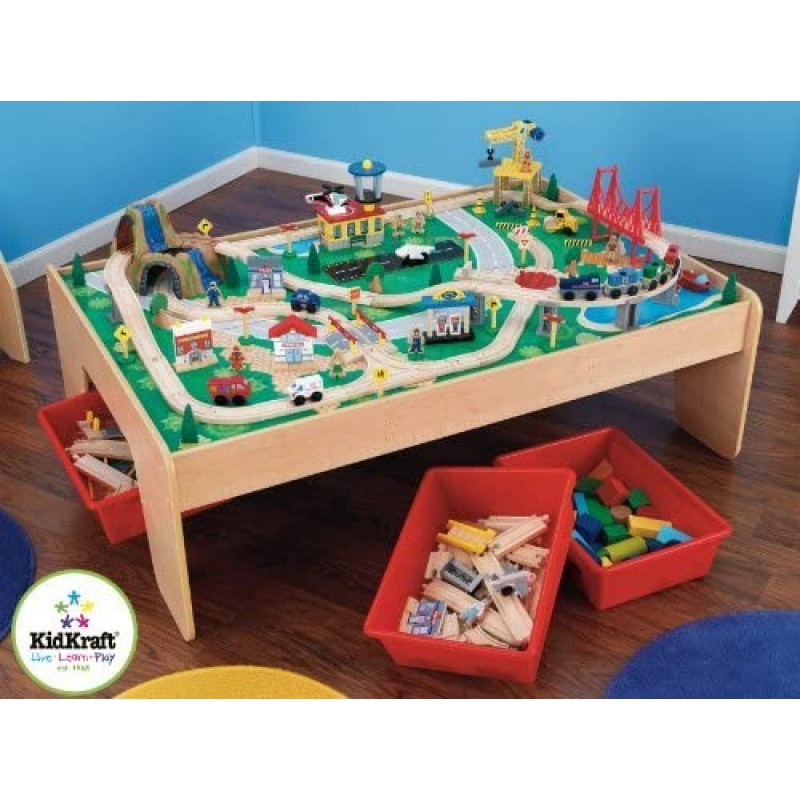 KidKraft 폭포산 우드 기차 놀이세트 120Pieces, 보관함 3개