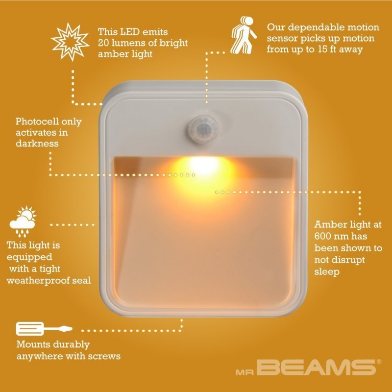 Beams MB720A 20 루멘 호박색 LED 수면 친화적인 무선 배터리 전원 동작 감지 야간 조명, 1팩, 흰색
