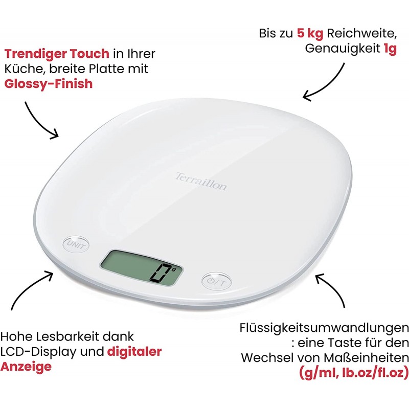 Terraillon 13691 전자주방 저울 디스플레이 용기, 액체환산, 일체형 손잡이 계량범위 5kg