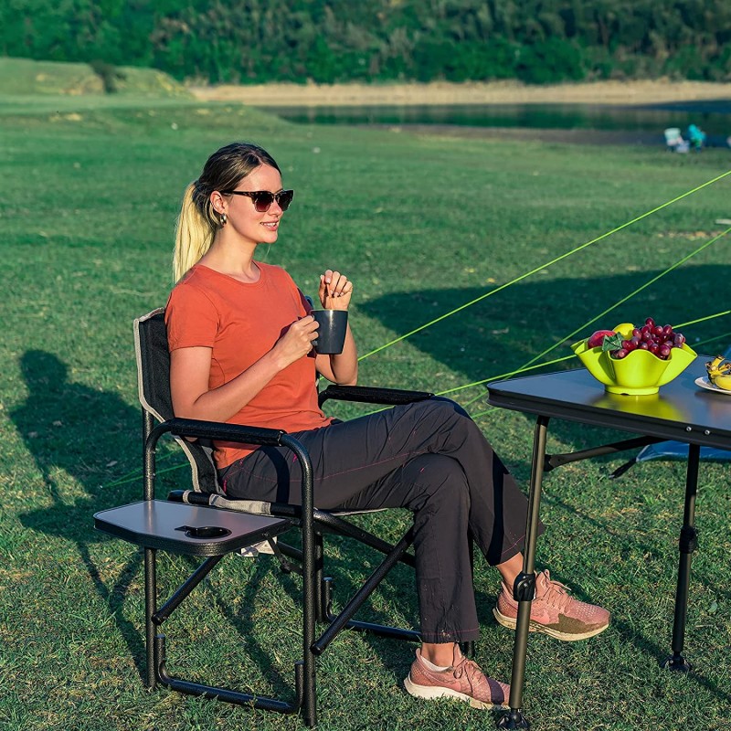 Timber Ridge 접이식 캠핑 의자 150kg 알루미늄 휴대용 초경량 낚시 의자 사이드 테이블 블랙