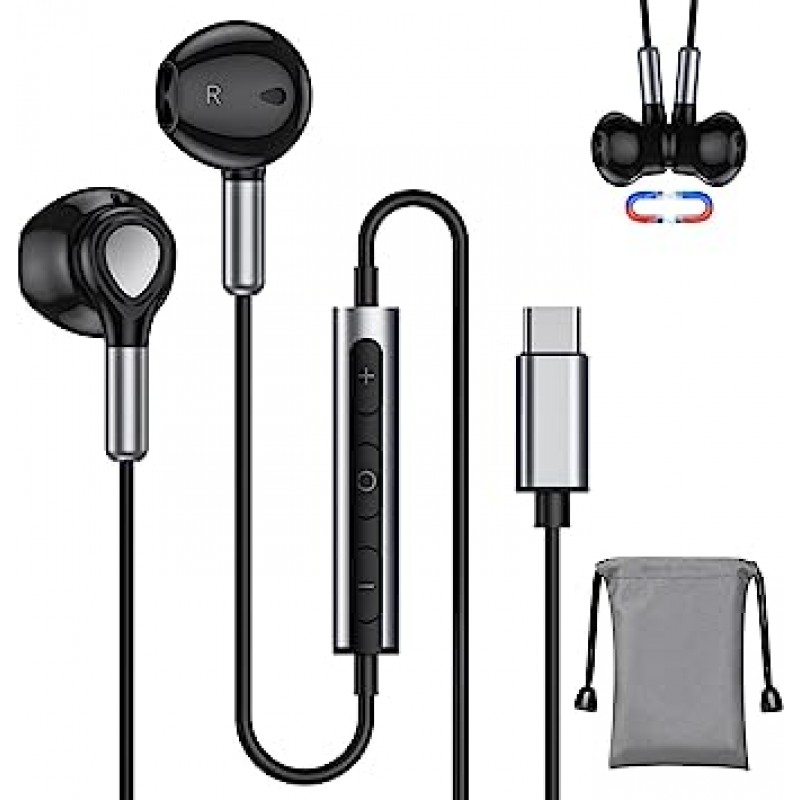 마그네틱 인이어 헤드폰 S22 S21 S20 FE A53 Huawei P40 P30 마이크 및 볼륨 조절 유형 USB 헤드폰