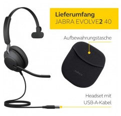 자브라 Jabra Evolve2 40 스테레오 헤드셋 블랙 - 잡음 제거 기능 헤드폰 USB-A 케이블