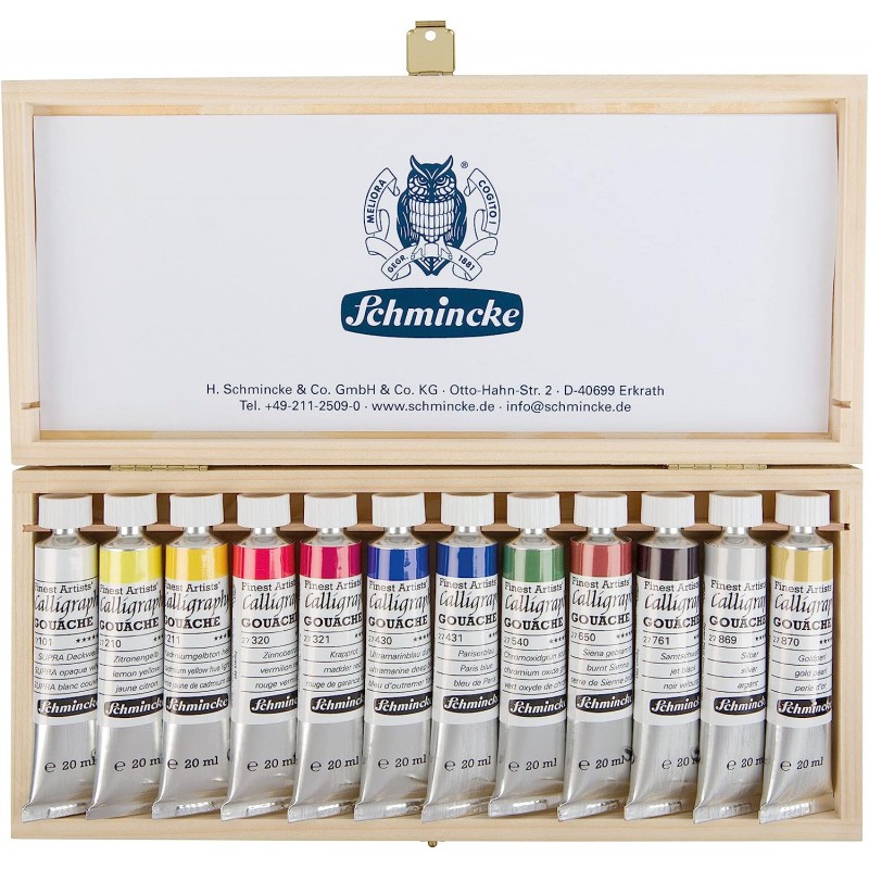 물감세트 schmincke 쉬민케 구아슈 12 x 20ml 나무 상자에 담긴 고급 캘리그래피 20ml(12개 팩)