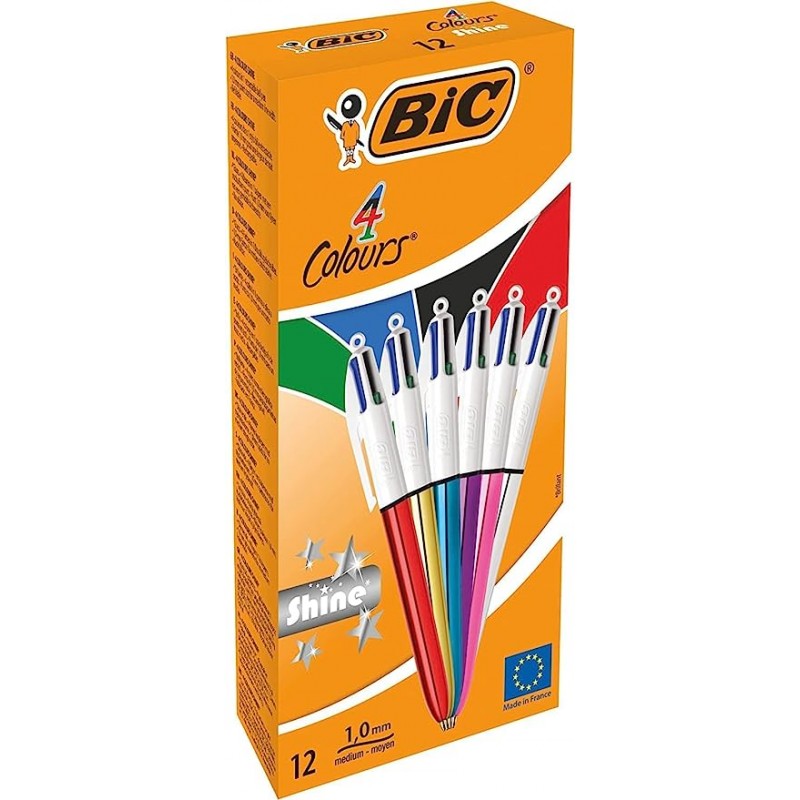 BIC 4색 샤인 볼펜 선 폭 포인트 1mm 미디엄 영구 마카 12개입 문구 필기도구