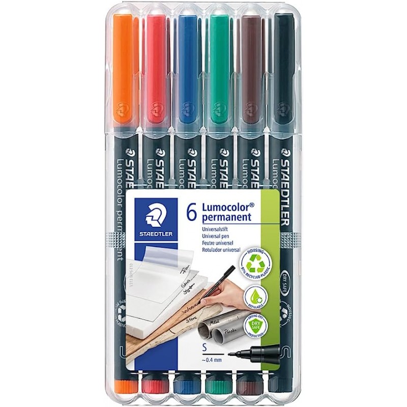 Staedtler 313 WP6 Lumocolor 범용 퍼머넌트 최고급 펜 0.4mm - 다양한 색상 6개 팩