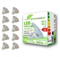 Greenandco LED 스포트라이트 전구 6W 2700K 360lm 110° 웜화이트 12V 10개 1팩