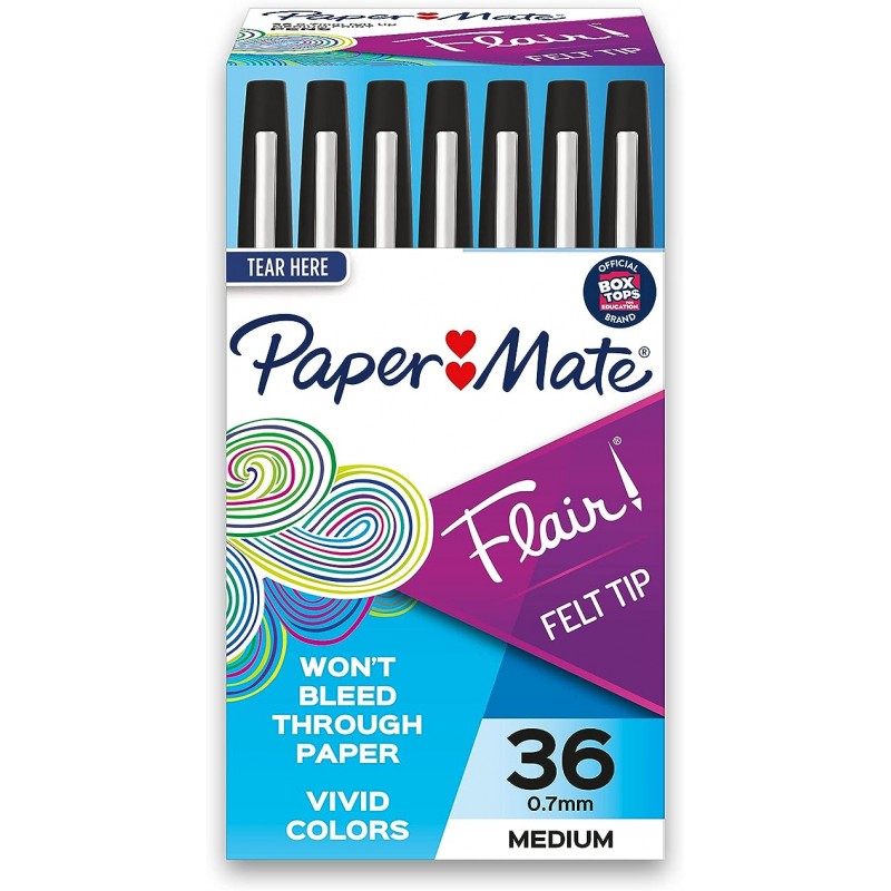 Paper Mate Flair 펠트 팁 펜, 미디엄 포인트(0.7mm), 블랙, 36개