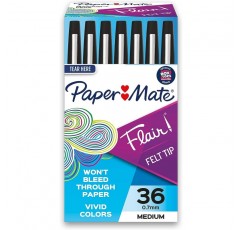 Paper Mate Flair 펠트 팁 펜, 미디엄 포인트(0.7mm), 블랙, 36개