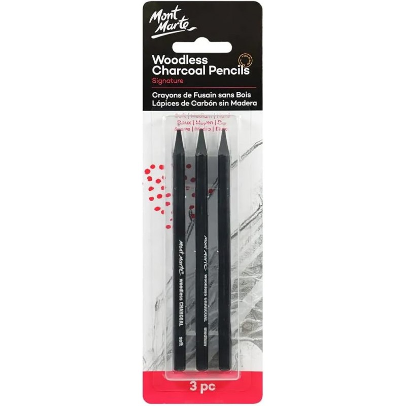 Mont Marte Charcoal Pencils 드로잉 숯 스케치 목탄 연필 세트 블랙 3피스