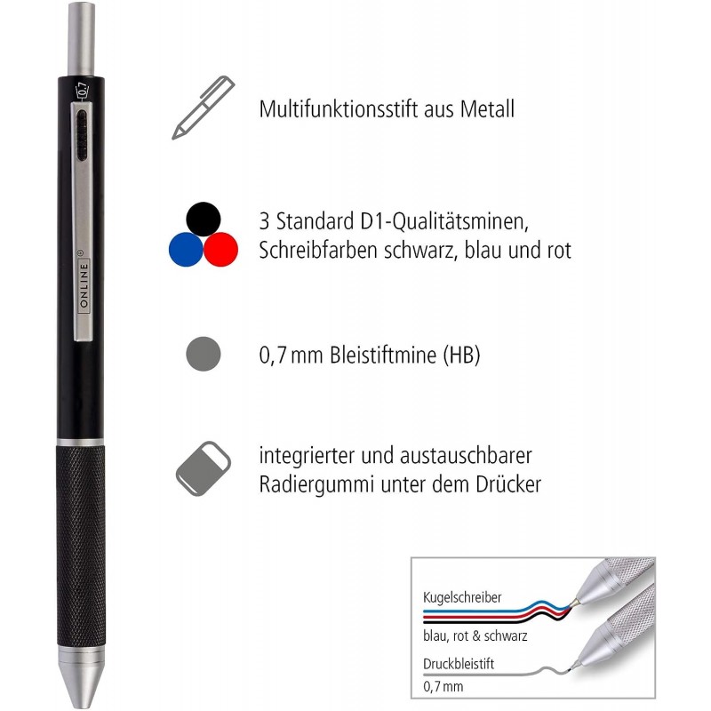 멀티펜 4-in-1 볼펜 및 연필 다기능 펜 블루, 블랙, 레드 볼펜 리필 3개 샤프심 고무 포함