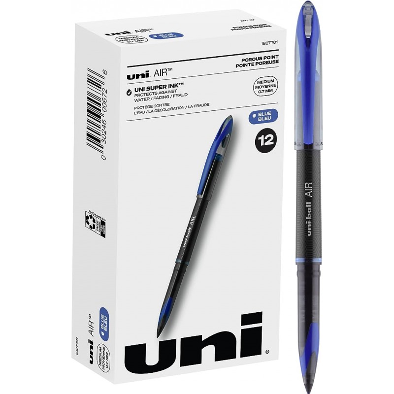 uni-ball AIR 롤러볼 펜 파인 포인트, 0.7mm, 파란색, 12팩