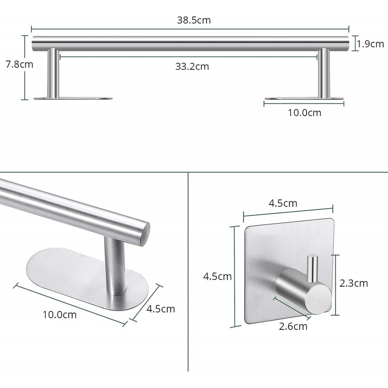 JiGiU 욕실 수건 레일 40cm 3개의 수건 걸이가 있는 스테인리스 스틸 자체 접착식 홀더 벽걸이형 4 in 1 세트