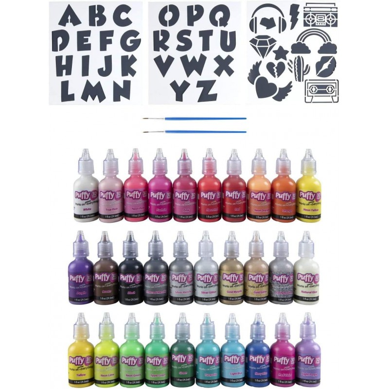 Puffy 스텐실 3개 및 페인트 브러시 2개 3D 페인트, 30팩(29.5ml)
