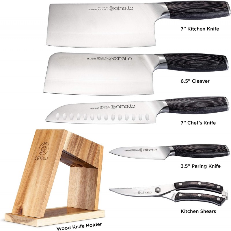 Othello 오델로 CL-FK6 클래식 칼 세트 및 나무 블록 주방 칼, 실버