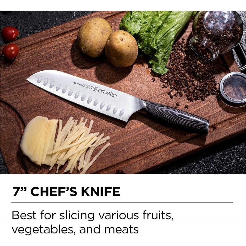 Othello 오델로 CL-FK6 클래식 칼 세트 및 나무 블록 주방 칼, 실버