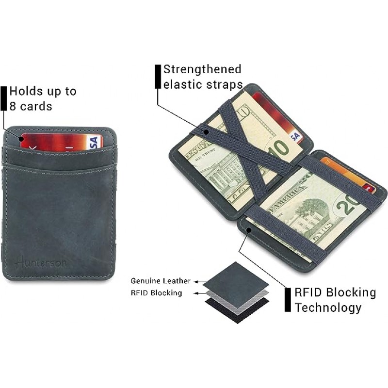 헌터슨 매직 지갑, RFID 카드 홀더가 있는 남성용 미니멀리스트 지갑, 카드 8개용 가죽 지갑, 블랙