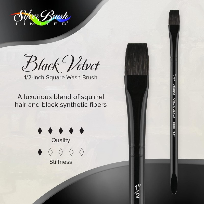 Silver Brush Limited 3008S1/2인치 블랙 벨벳 스퀘어 워시 수채화 물감 페인트 브러시