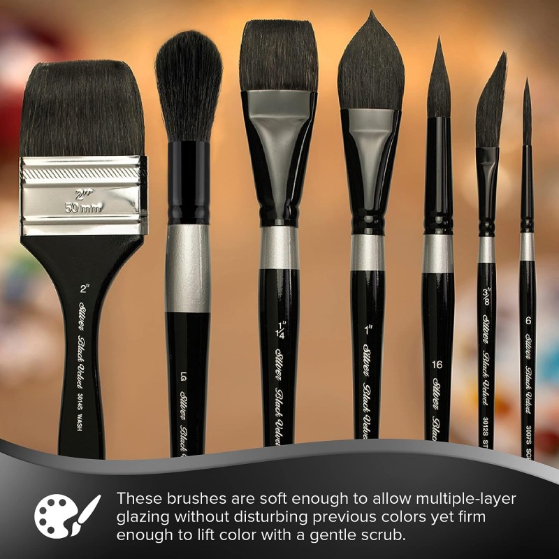 Silver Brush Limited 3008S1/2인치 블랙 벨벳 스퀘어 워시 수채화 물감 페인트 브러시