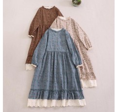 일본 모리 소녀의 달콤한 꽃 무늬 긴팔 드레스 루즈하고 다재다능한 레이스 슬림 롱 스커트 2023 가을 여성을위한 새로운 스타일