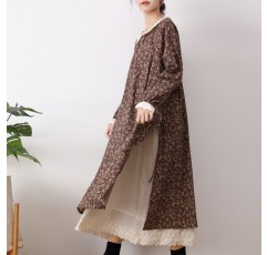 일본 달콤한 대형 면화와 린넨 꽃 무늬 드레스 봄, 가을 자수 인형 칼라 넥타이 가짜 투피스 긴팔 드레스