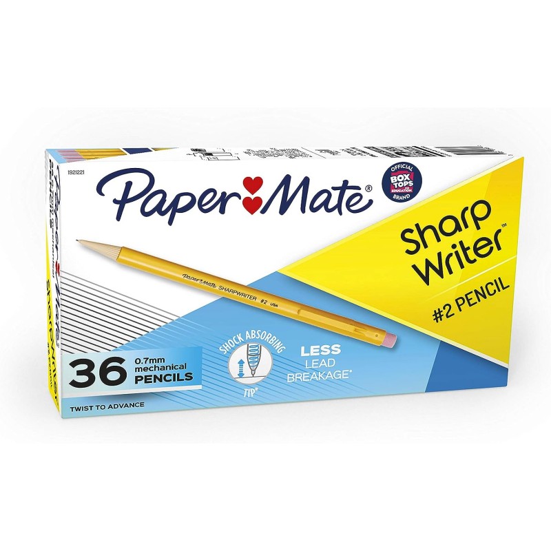 Paper Mate 샤프 펜슬, SharpWriter 연필, 0.7mm, HB #2, 노란색, 36개