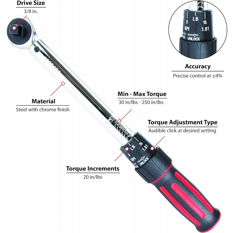 Performance Tool M197 3/8인치 드라이브 토크 렌치 250인치/파운드 - 듀얼 스케일, 가청 클릭, 정밀 래칫