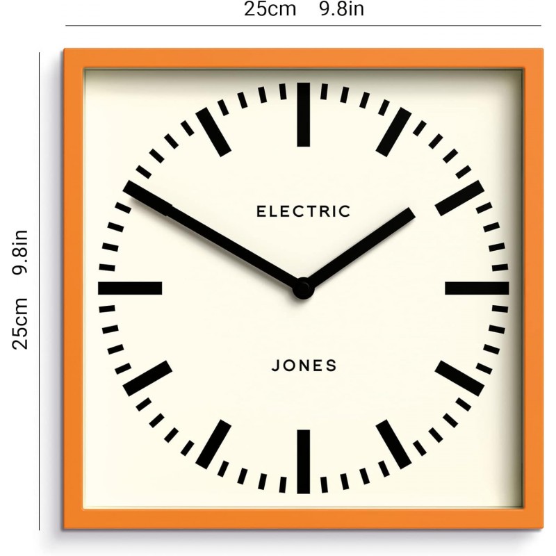 JONES CLOCKS® Box Railway 다이얼 벽시계 사각형 복고풍 시계 (주황색)