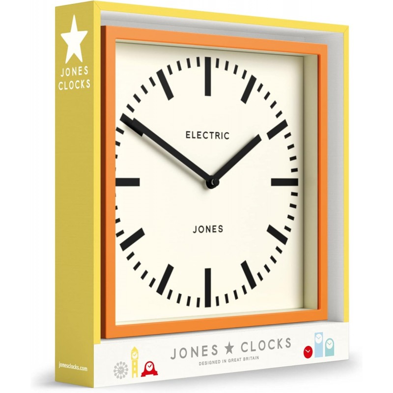 JONES CLOCKS® Box Railway 다이얼 벽시계 사각형 복고풍 시계 (주황색)