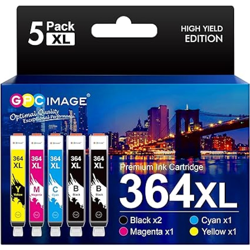 GPC Image HP 364XL 364용 멀티팩 잉크 카트리지 교체 (블랙, 시안, 마젠타, 옐로우 5팩)