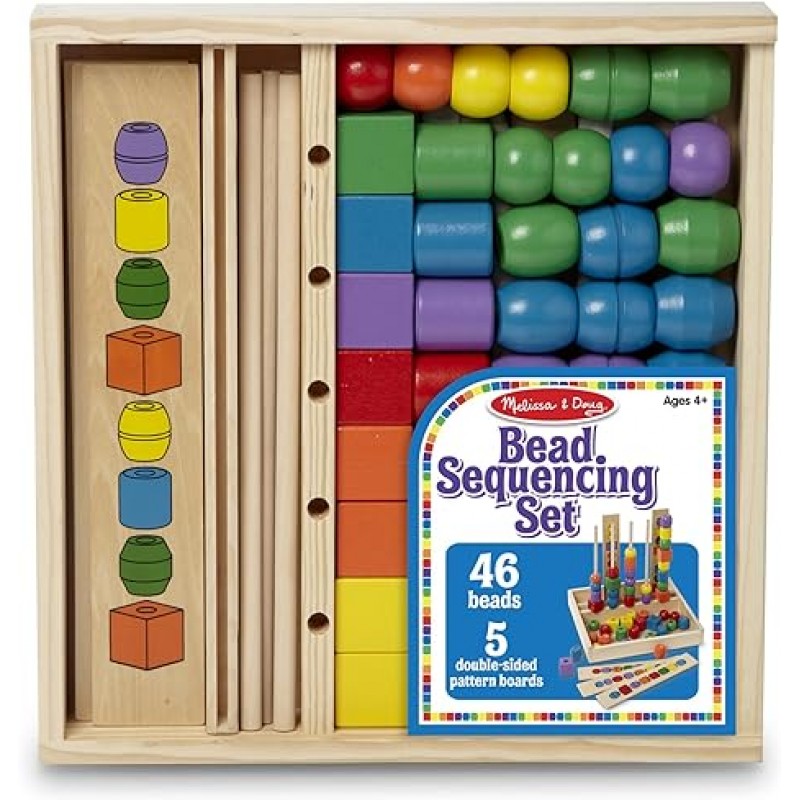 Melissa & Doug 비드 시퀀싱 세트(나무 구슬 46개 및 양면 패턴 보드 5개 포함) - 색상 인식 장난감, 모양 스태커 일치