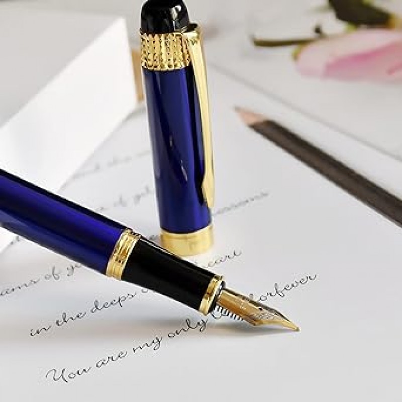 만년필 미디엄 펜촉, 컨버터가있는 잉크 카트리지 2 개 (검정 1 블루) | 붓글씨 펜 | ​​만년필 클래식 디자인