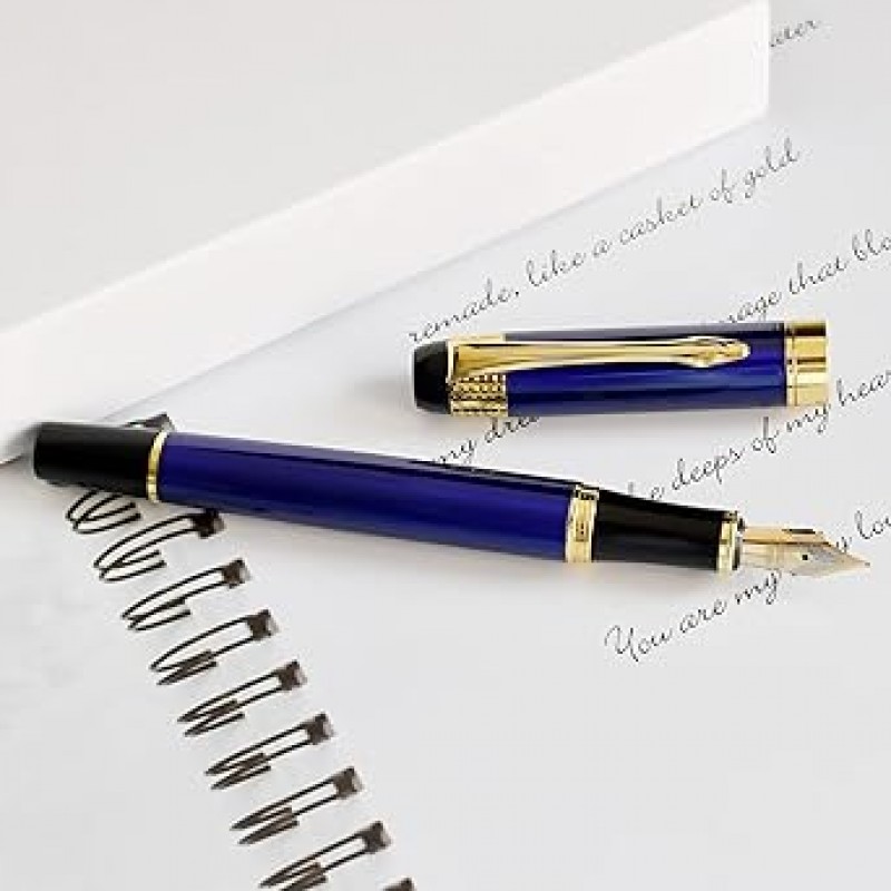 만년필 미디엄 펜촉, 컨버터가있는 잉크 카트리지 2 개 (검정 1 블루) | 붓글씨 펜 | ​​만년필 클래식 디자인