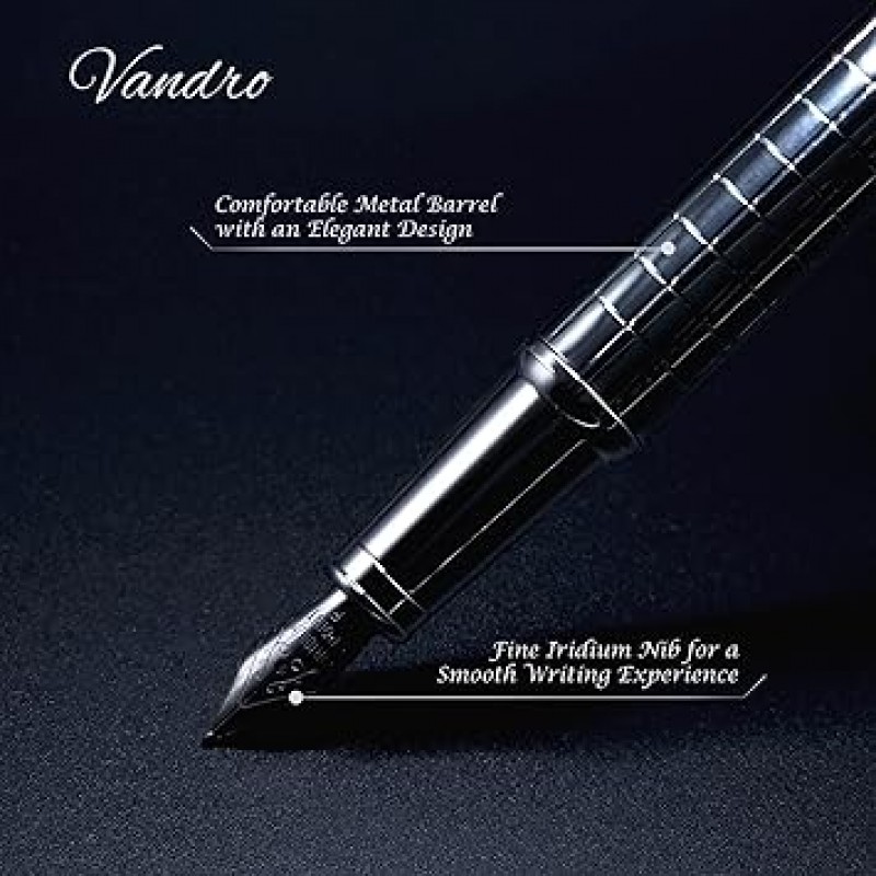 Vandro 고급 만년필 세트 – 아름다운 블랙 메탈 펜 부드러운 작은 펜촉 – 전문 만년필 – 여성과 남성을위한 멋진 붓글씨 펜 – 펜 선물 상자 및 액세서리 포함