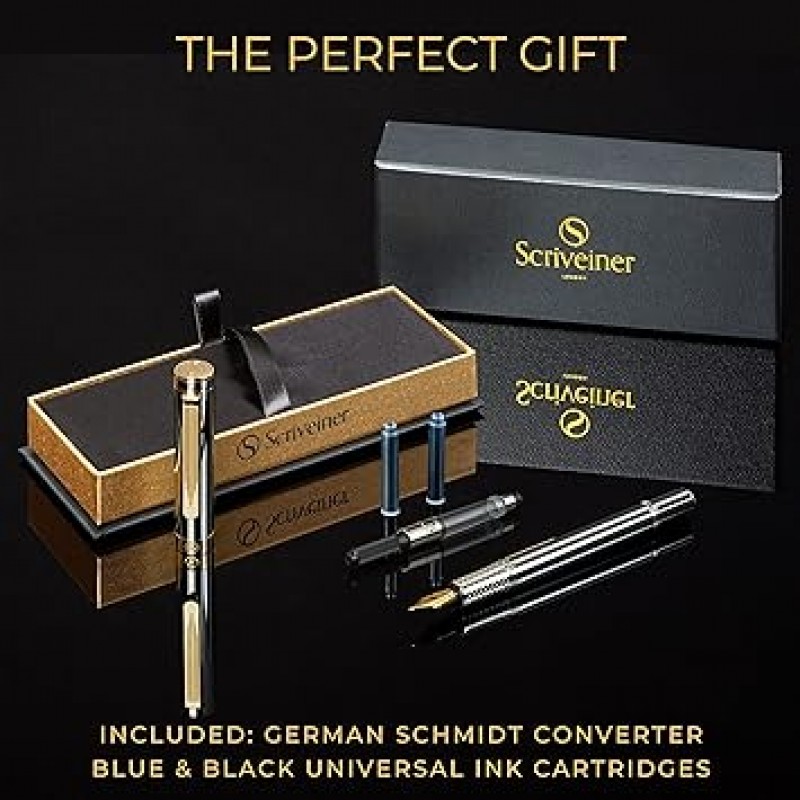Scriveiner 프리미엄 EDC 만년필 (중형) 화려한 헤비 포켓 펜 24K 마감 슈미트 독일 펜촉 변환기 남성 여성을위한 최고의 쓰기 펜 선물 세트 멋진 세련된 사무실 디자이너 펜