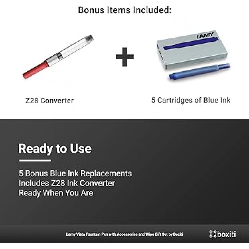 Boxiti 세트 - Vista 만년필 | 작은 펜촉 | 블루 잉크 카트리지 5 개 Z28 컨버터 및 와이프